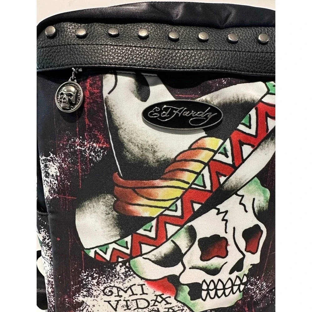 Ed Hardy Mi Vida Loca Skull Backpack Black Studded Tattoo Art Laptop Bag